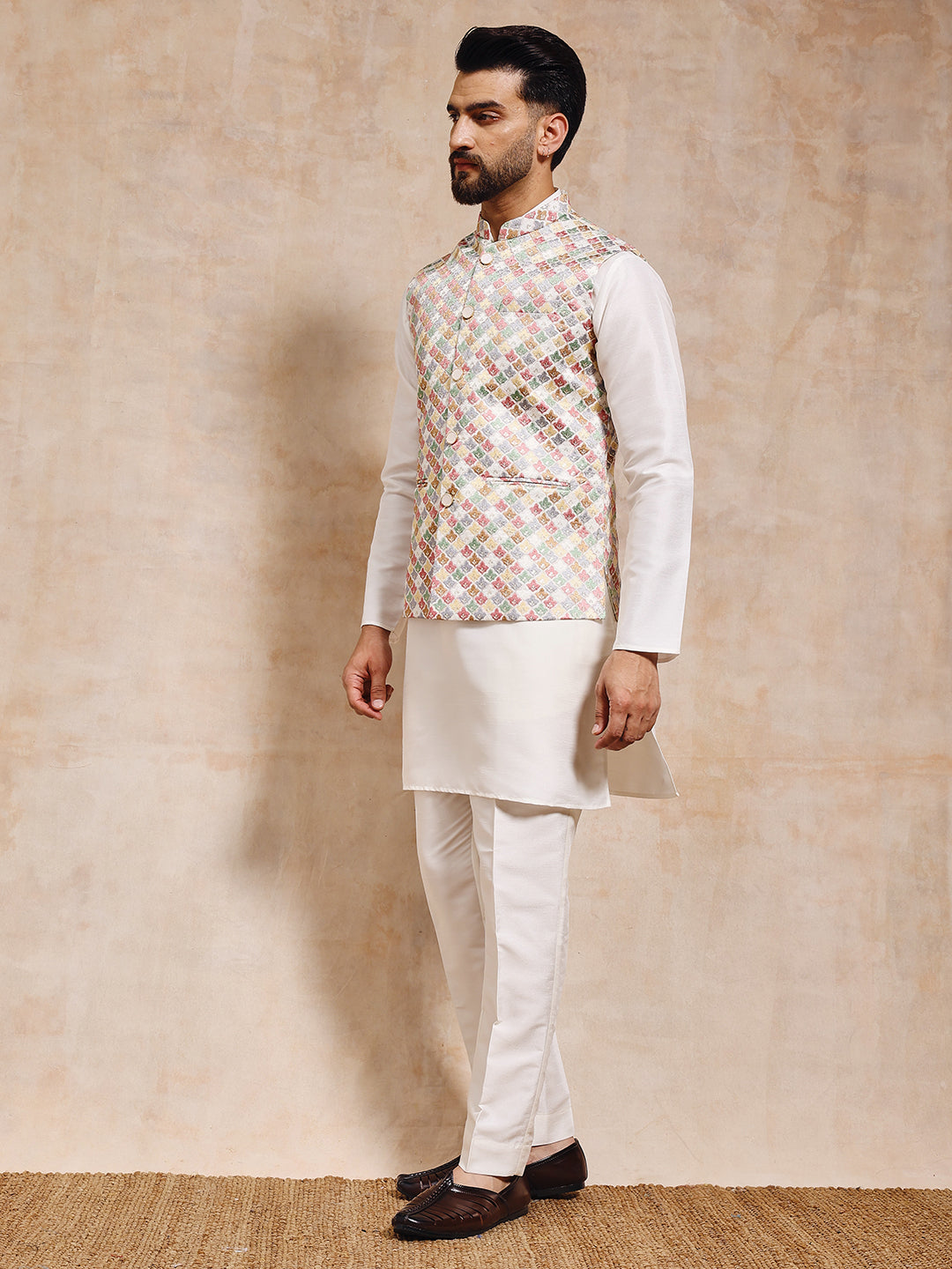 Magnet Men's Multi White Nehru Jacket Set