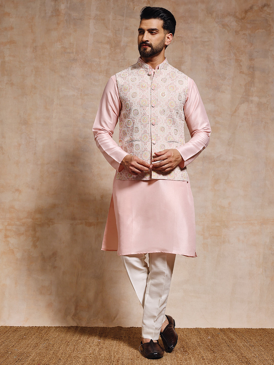 Magnet Men's Peach Pink Nehru Jacket Set