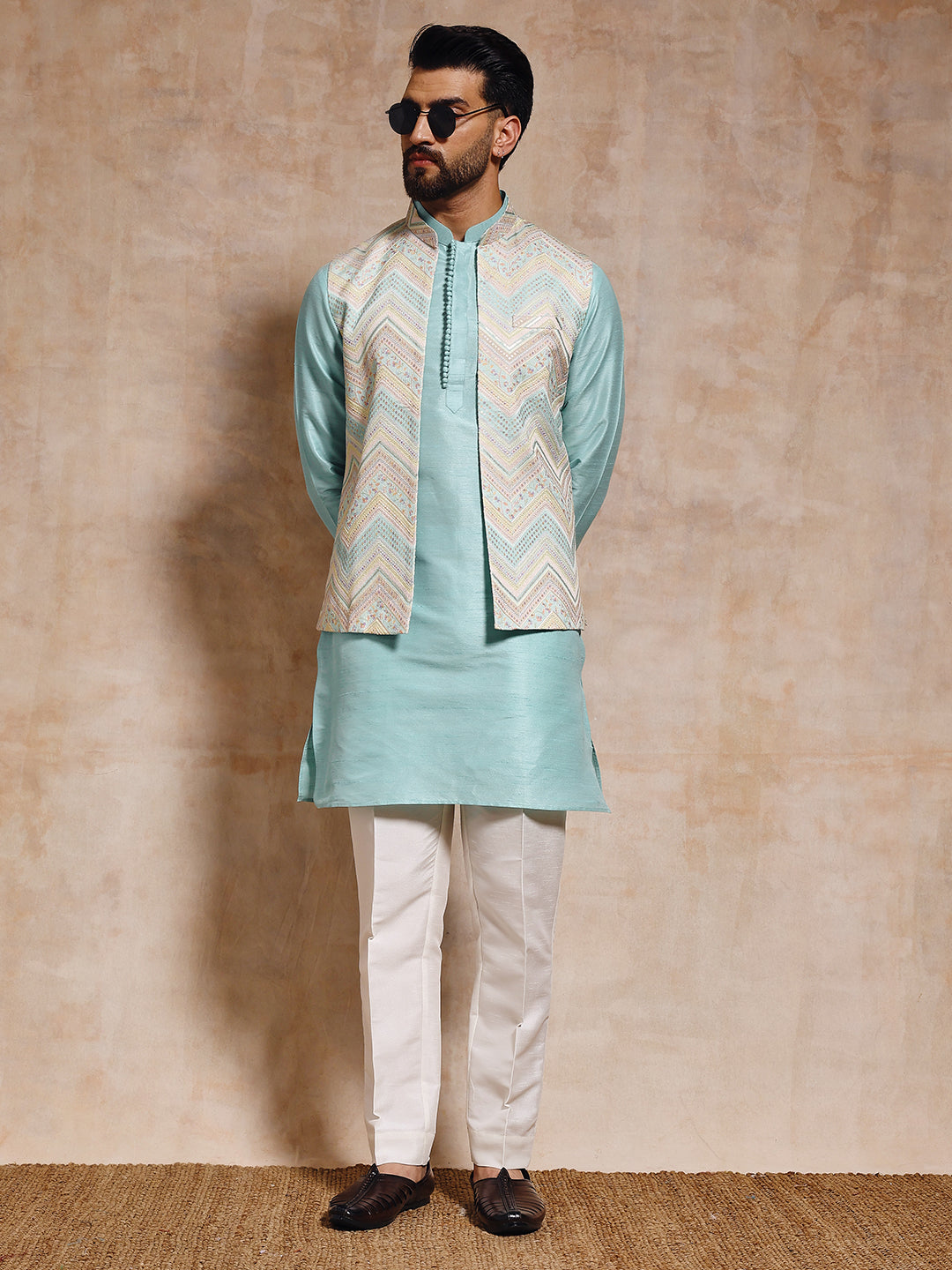 Magnet Men's Sea Green Nehru Jacket Set
