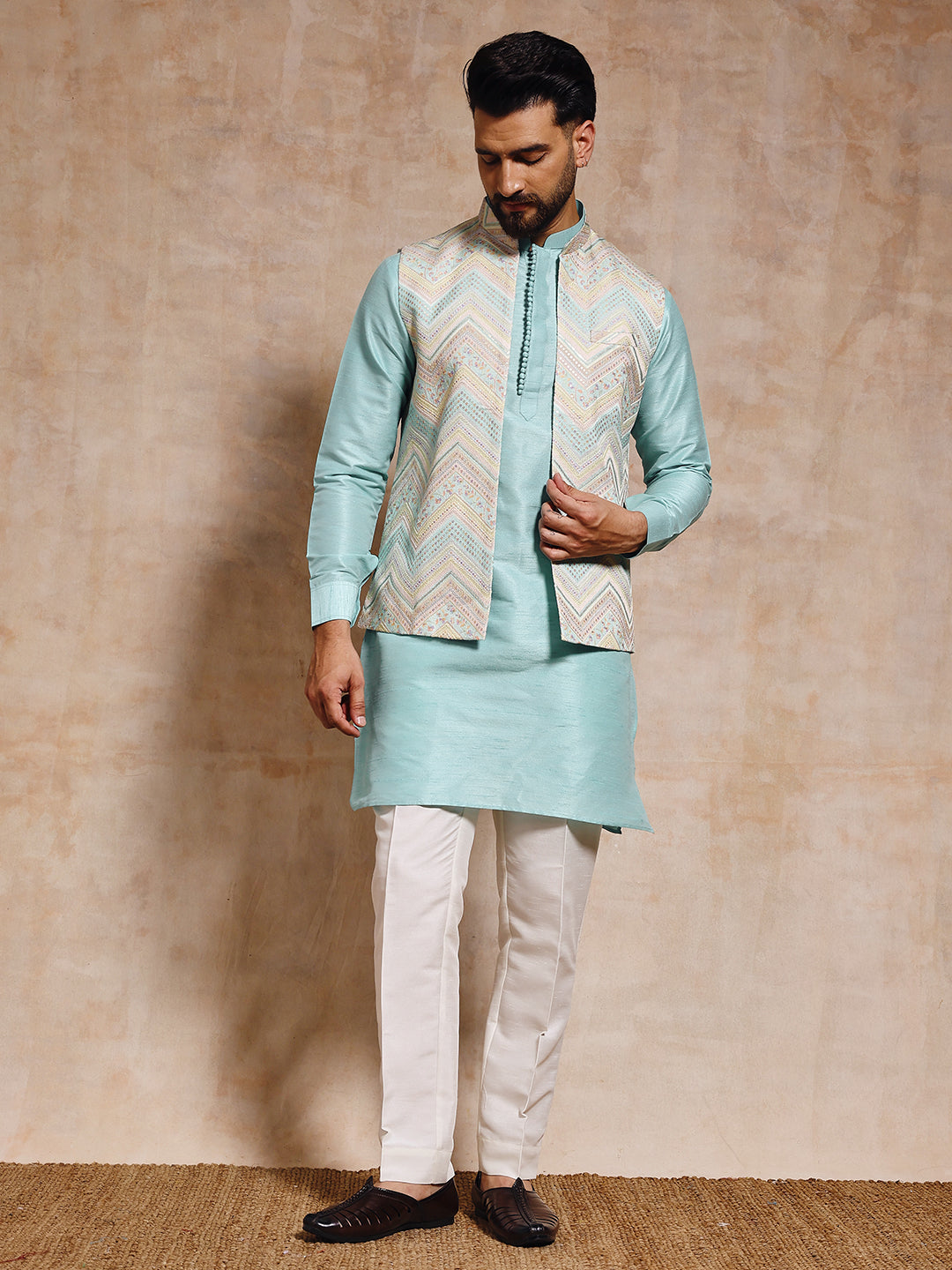 Magnet Men's Sea Green Nehru Jacket Set