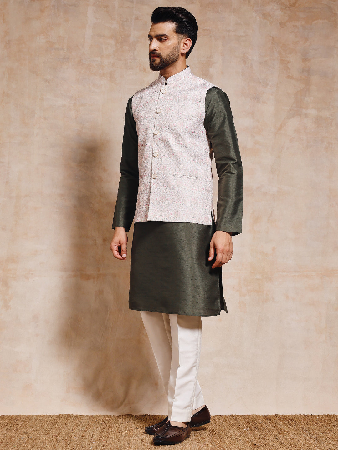 Magnet Men's Olive Green Nehru Jacket Set