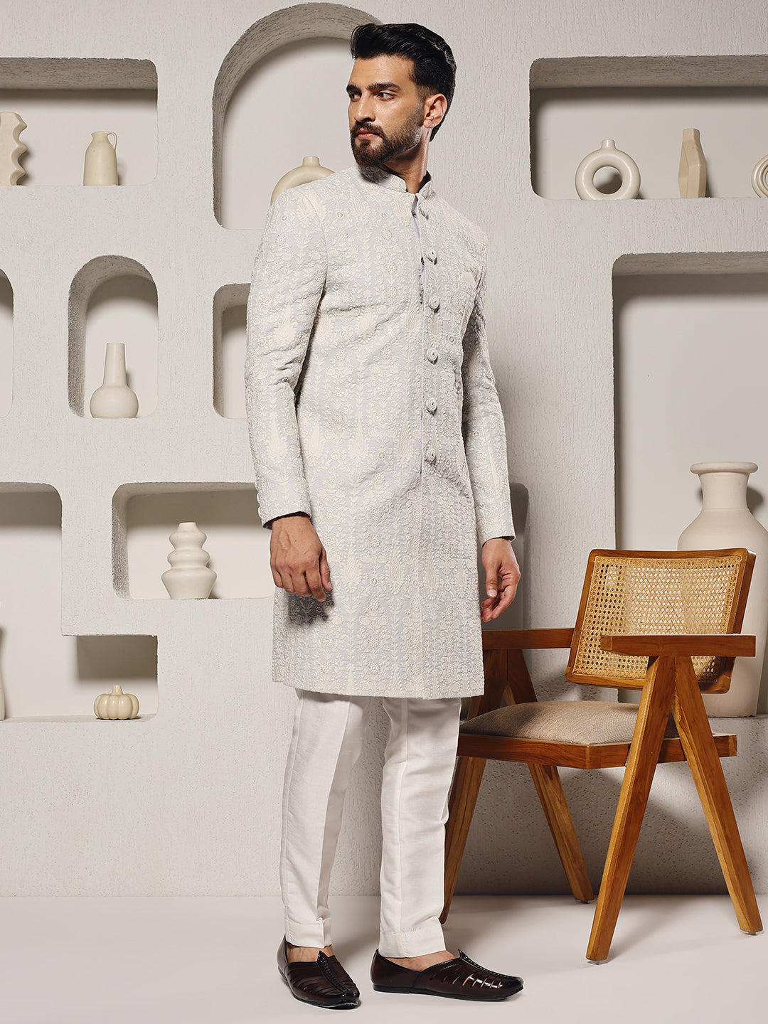 Magnet Men's Grey Georgette Embroidered  Sherwani Set