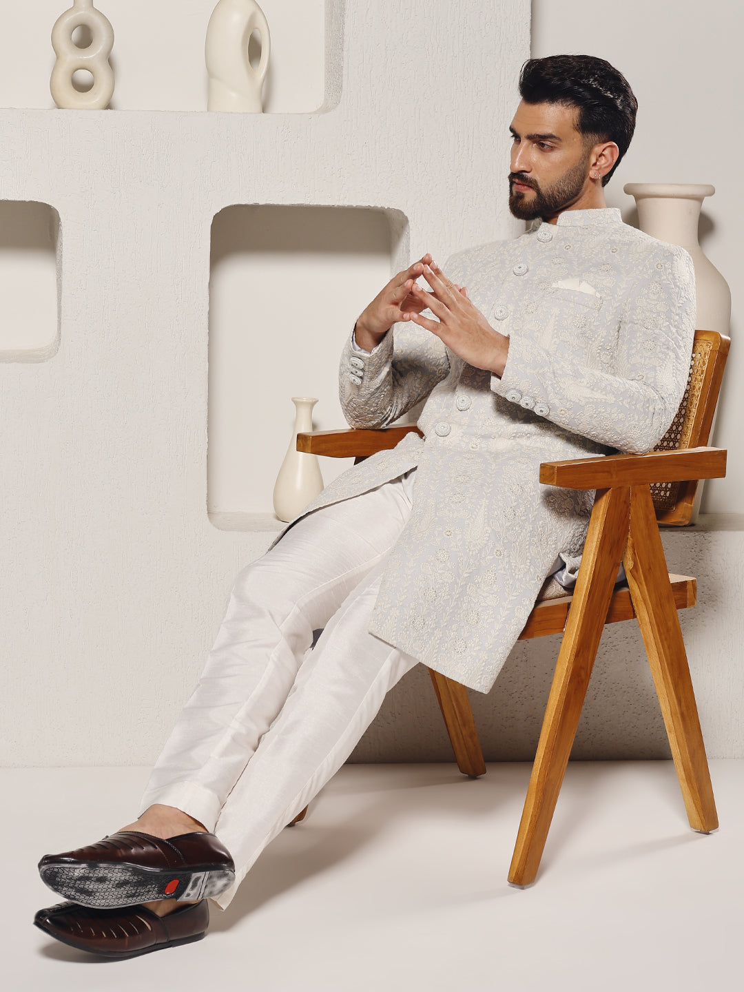 Magnet Men's Grey Georgette Embroidered  Sherwani Set