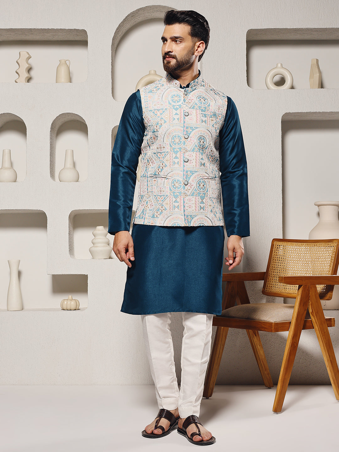 Magnet Men's Teal Lucknowi Work Nehru Jacket Set