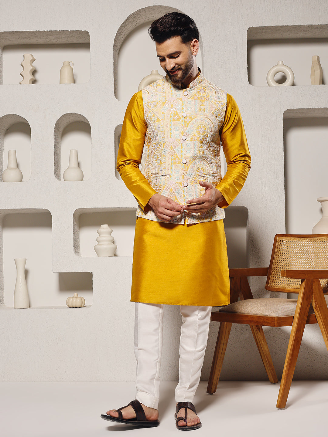 Magnet Men's Yellow Position Print Lucknowi Nehru Jacket Set