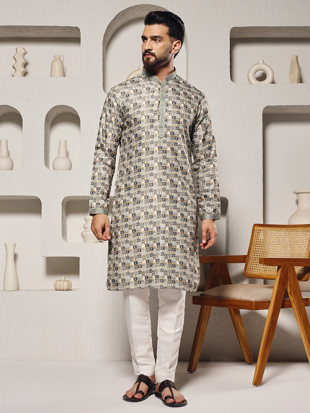 Magnet Men's Printed Silk Kurta Trouser Set