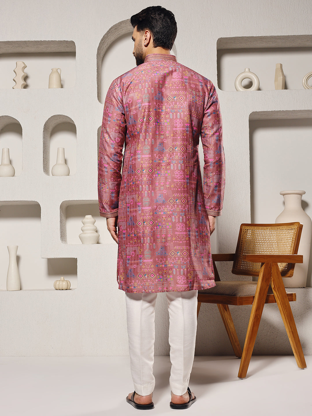 Magnet Men's Light Pink Printed Silk Kurta Trouser Set