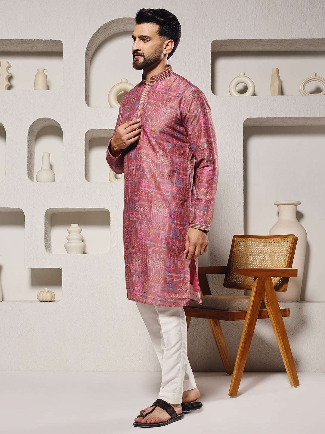 Magnet Men's Light Pink Printed Silk Kurta Trouser Set