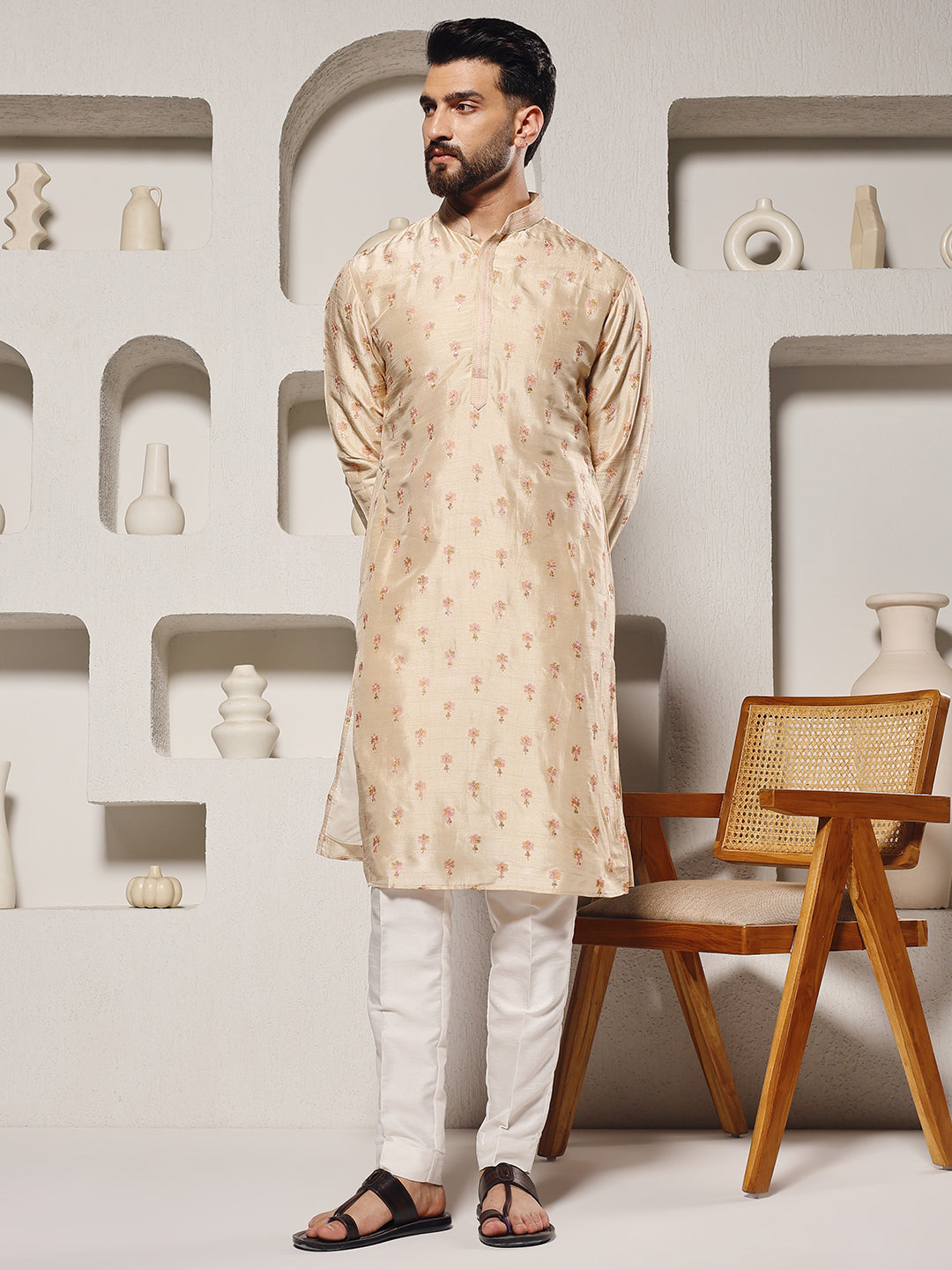 Magnet Men's Tusser Silk Butti Work Kurta Set