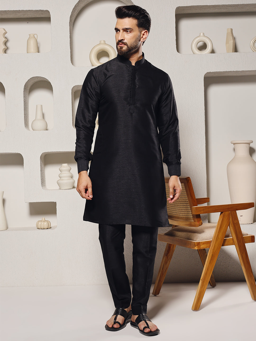 Magnet Men's Black Mirror Work Nehru Jacket Set