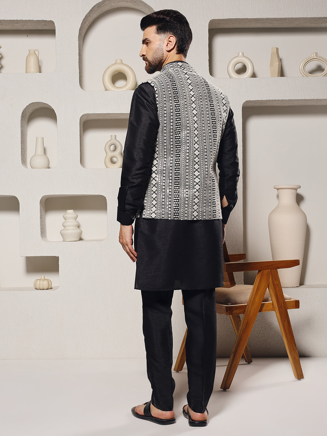 Magnet Men's Black Mirror Work Nehru Jacket Set