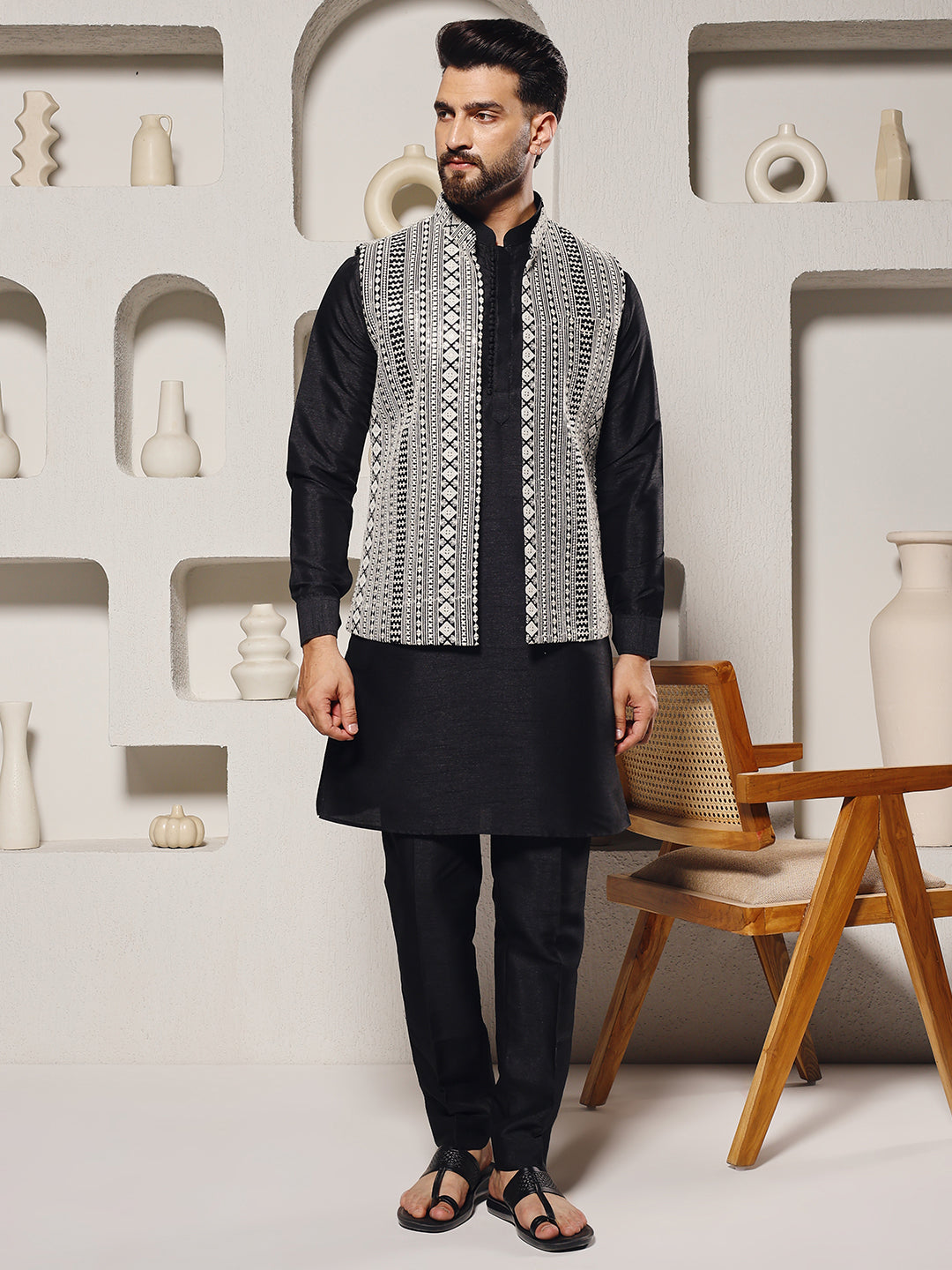 Magnet Men's Black Mirror Work Nehru Jacket Set