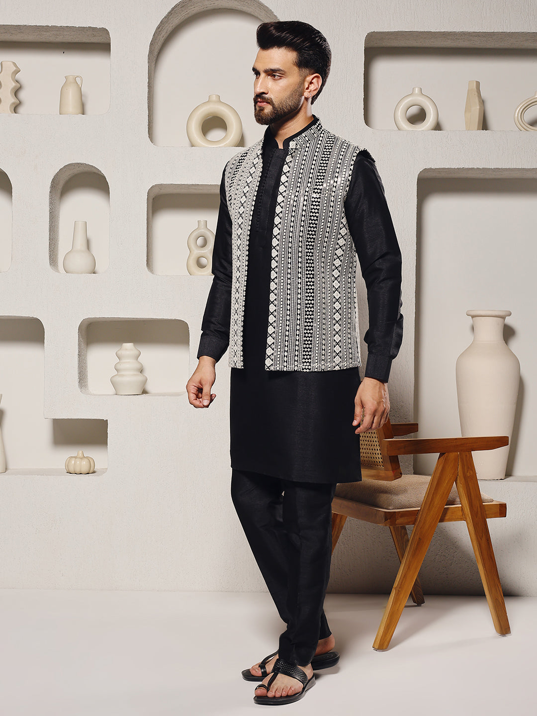 Magnet Men's Black Mirror Work Nehru Jacket Set