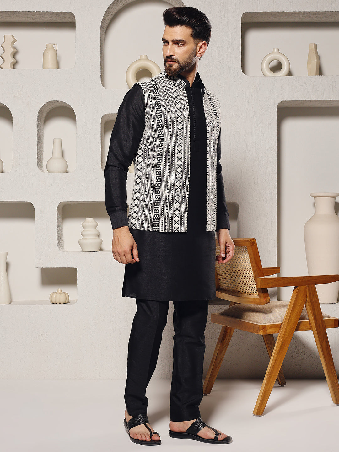 Magnet Men's Black Mirror Work Nehru Jacket Set