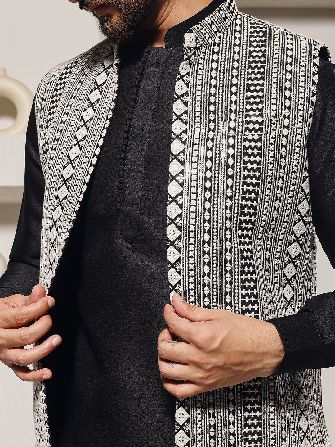 Magnet Men's Black Mirror Work Nehru Jacket Set