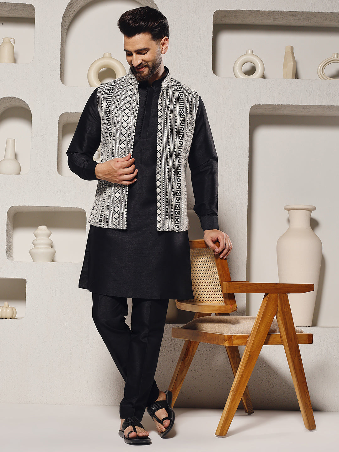 Magnet Men's Black Mirror Work Nehru Jacket Set