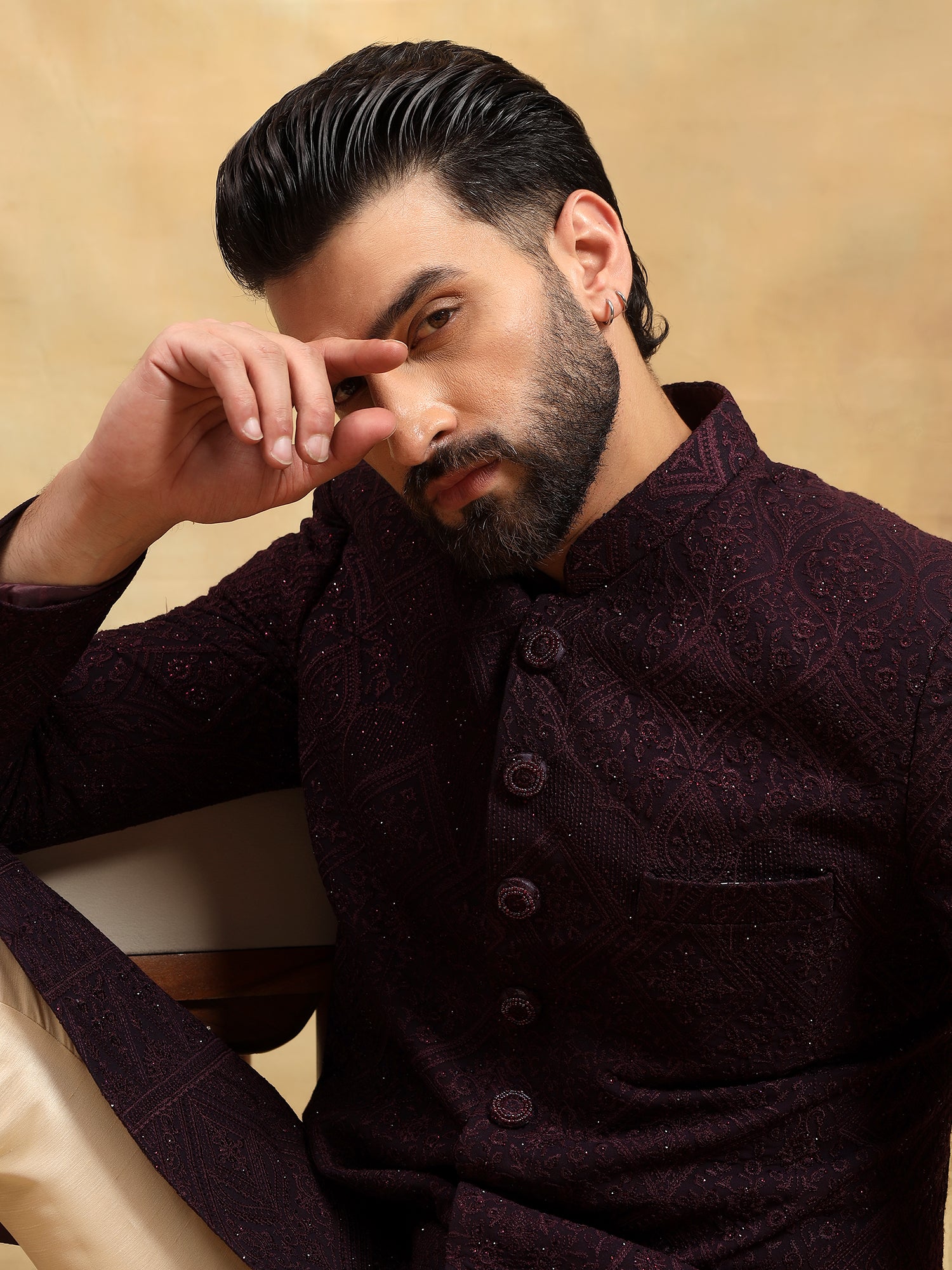 Wine Lucknowi Embroidered Nawabi Set