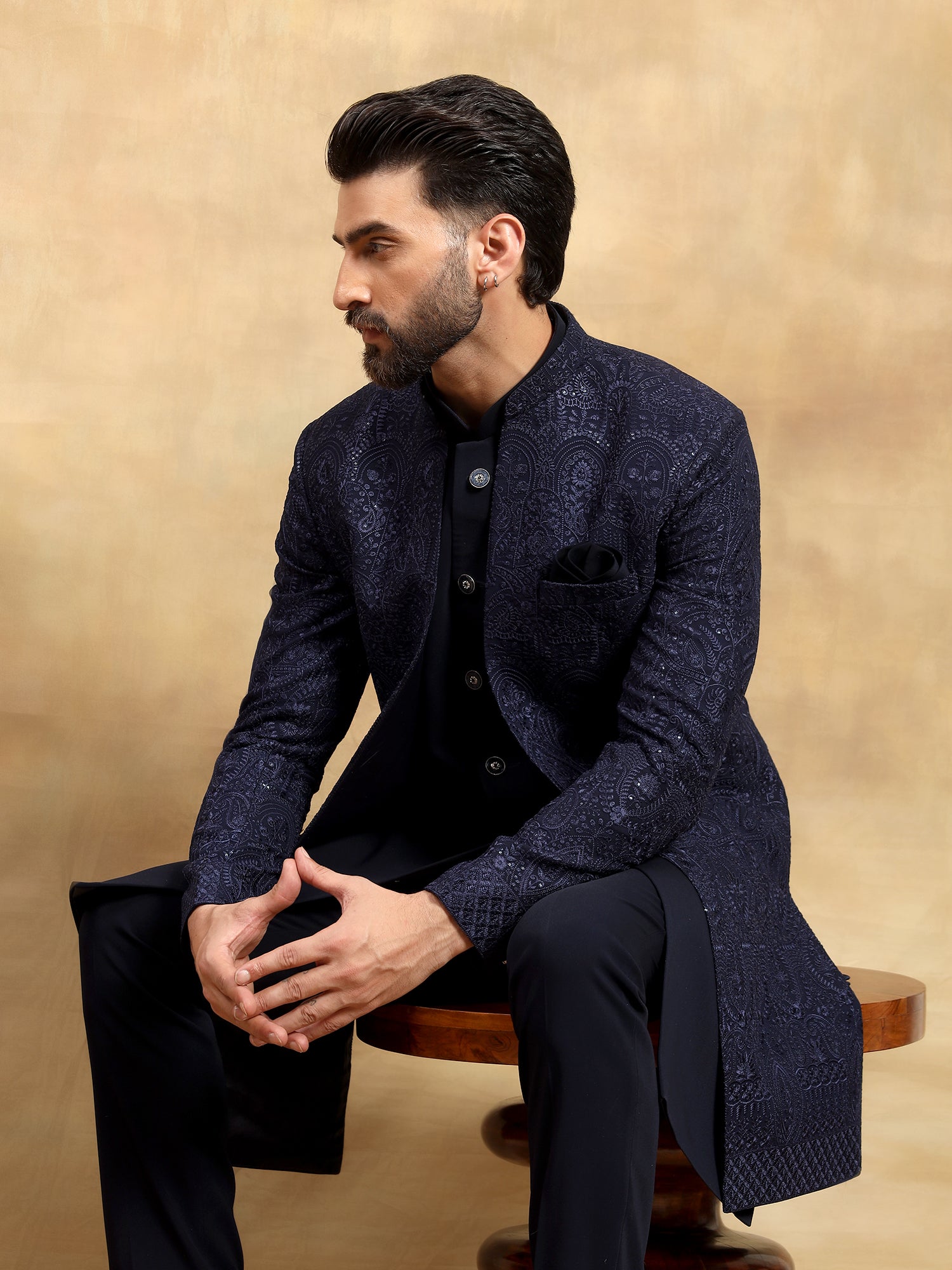 Navy Blue Lucknowi Indo Western Set