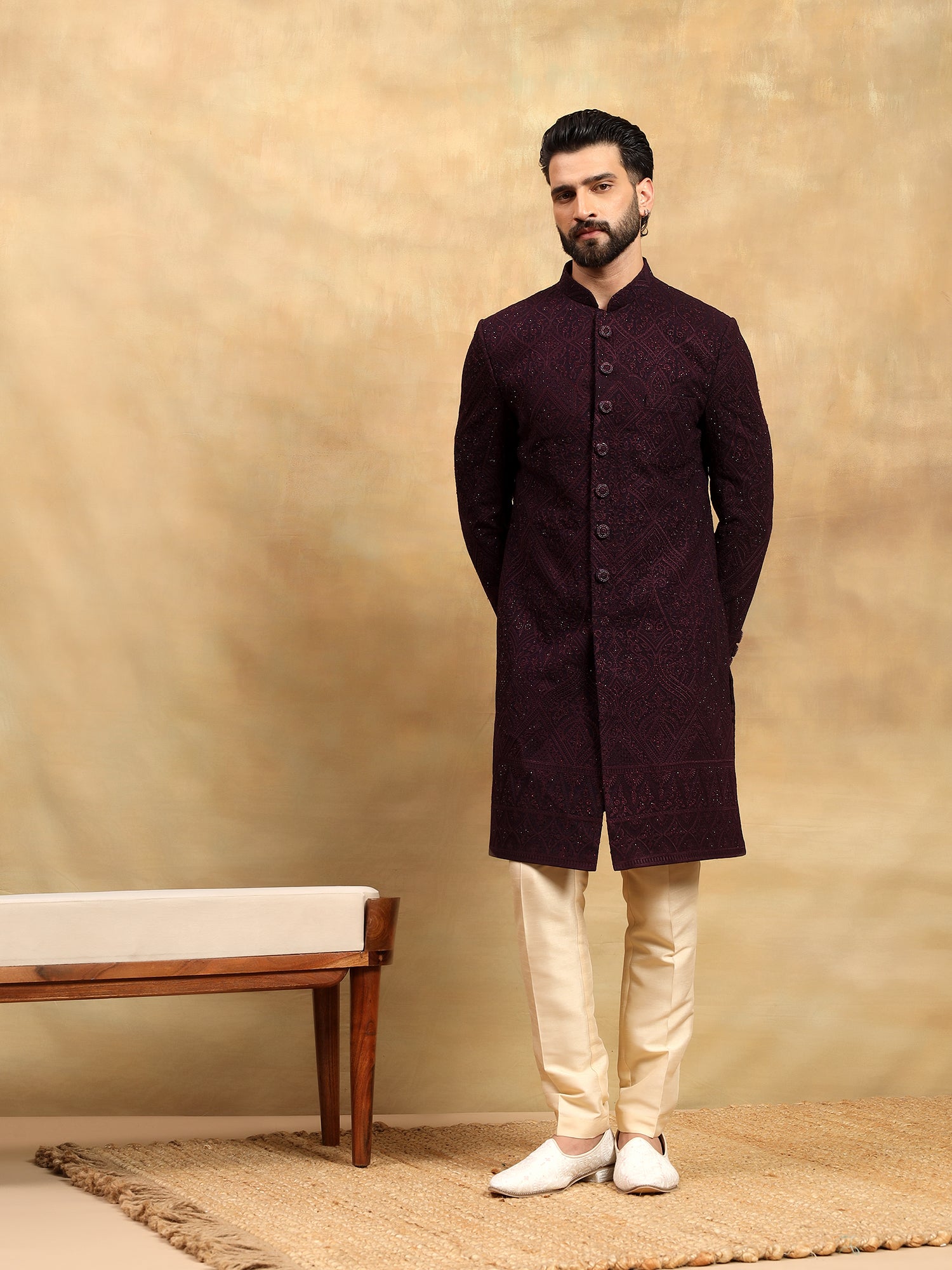 Wine Lucknowi Embroidered Nawabi Set