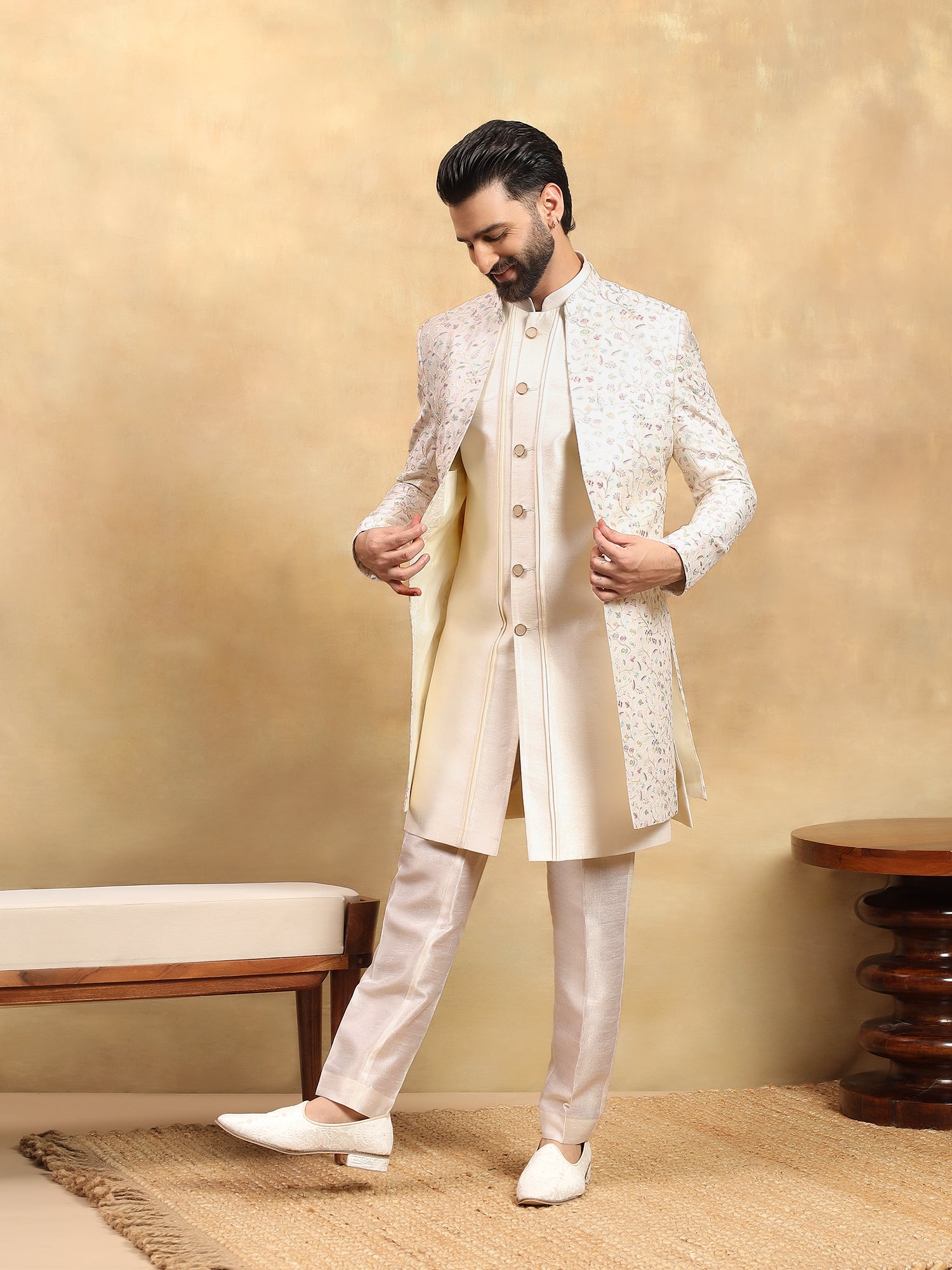 Cream Embroidered Indo Western Set