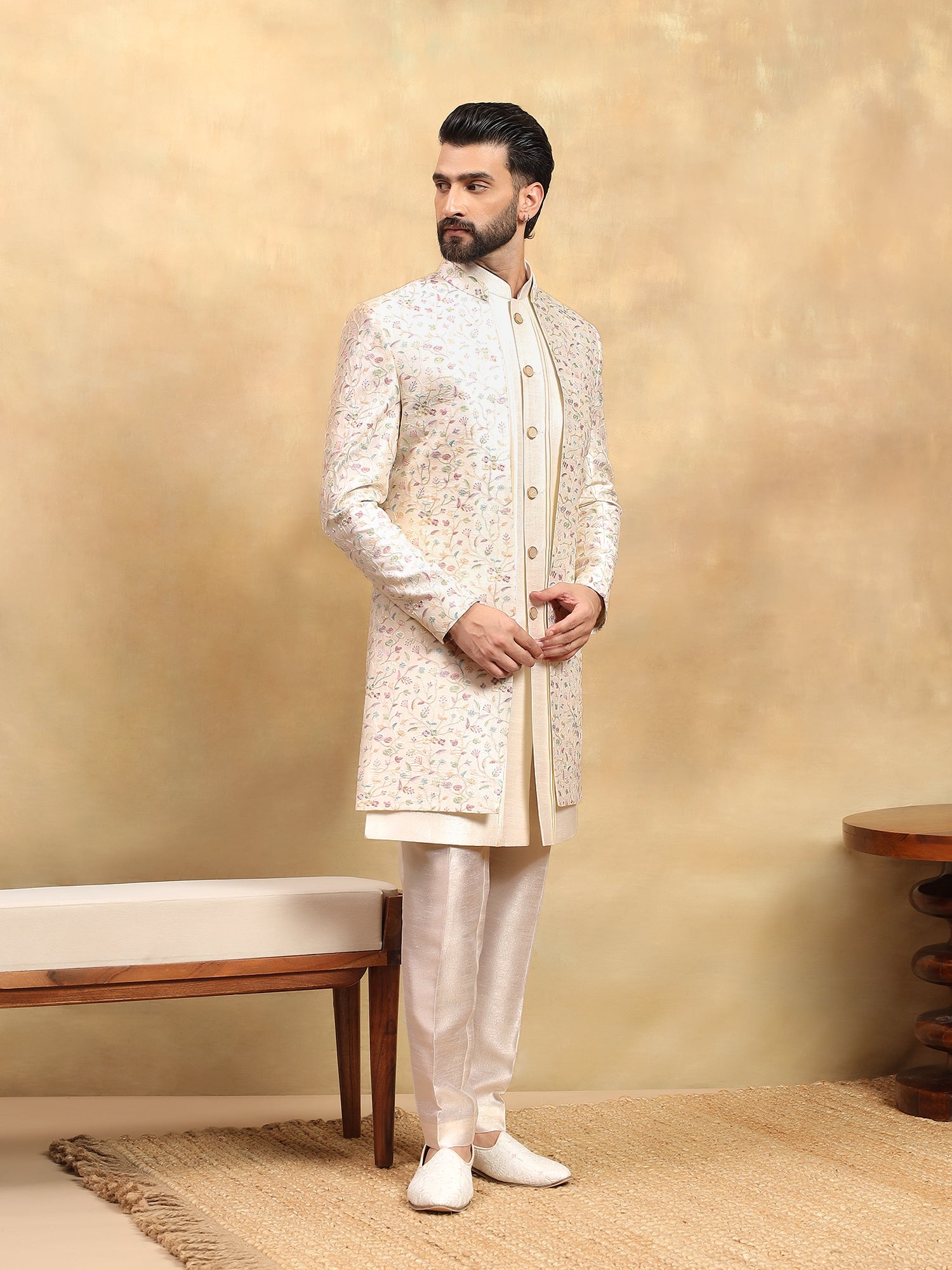 Cream Embroidered Indo Western Set
