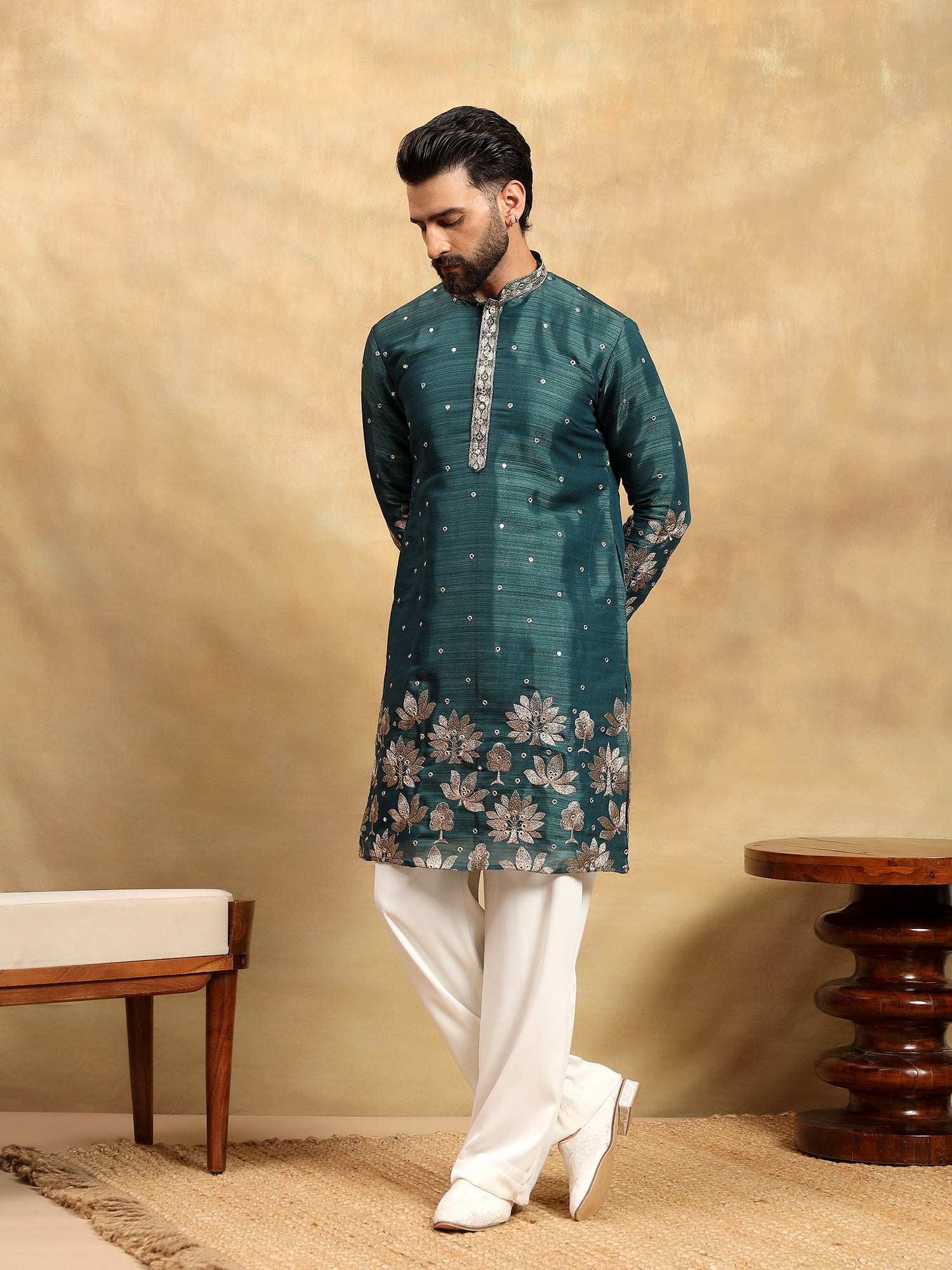 Rama Blue Tissue Silk Kurta With Parellel Pants