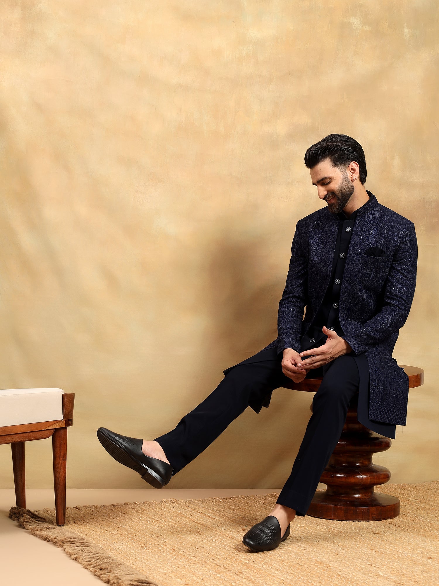 Navy Blue Lucknowi Indo Western Set