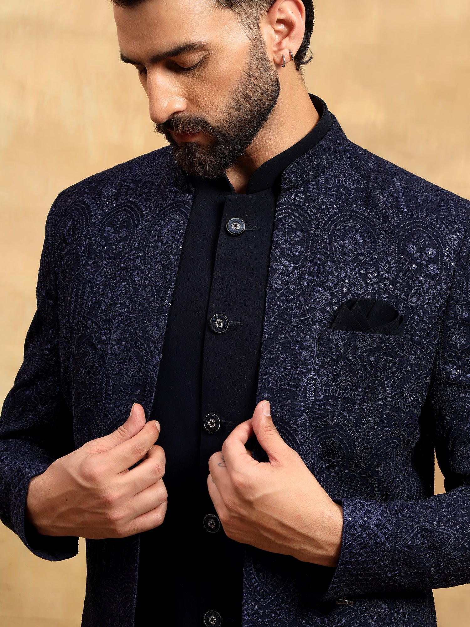Navy Blue Lucknowi Indo Western Set