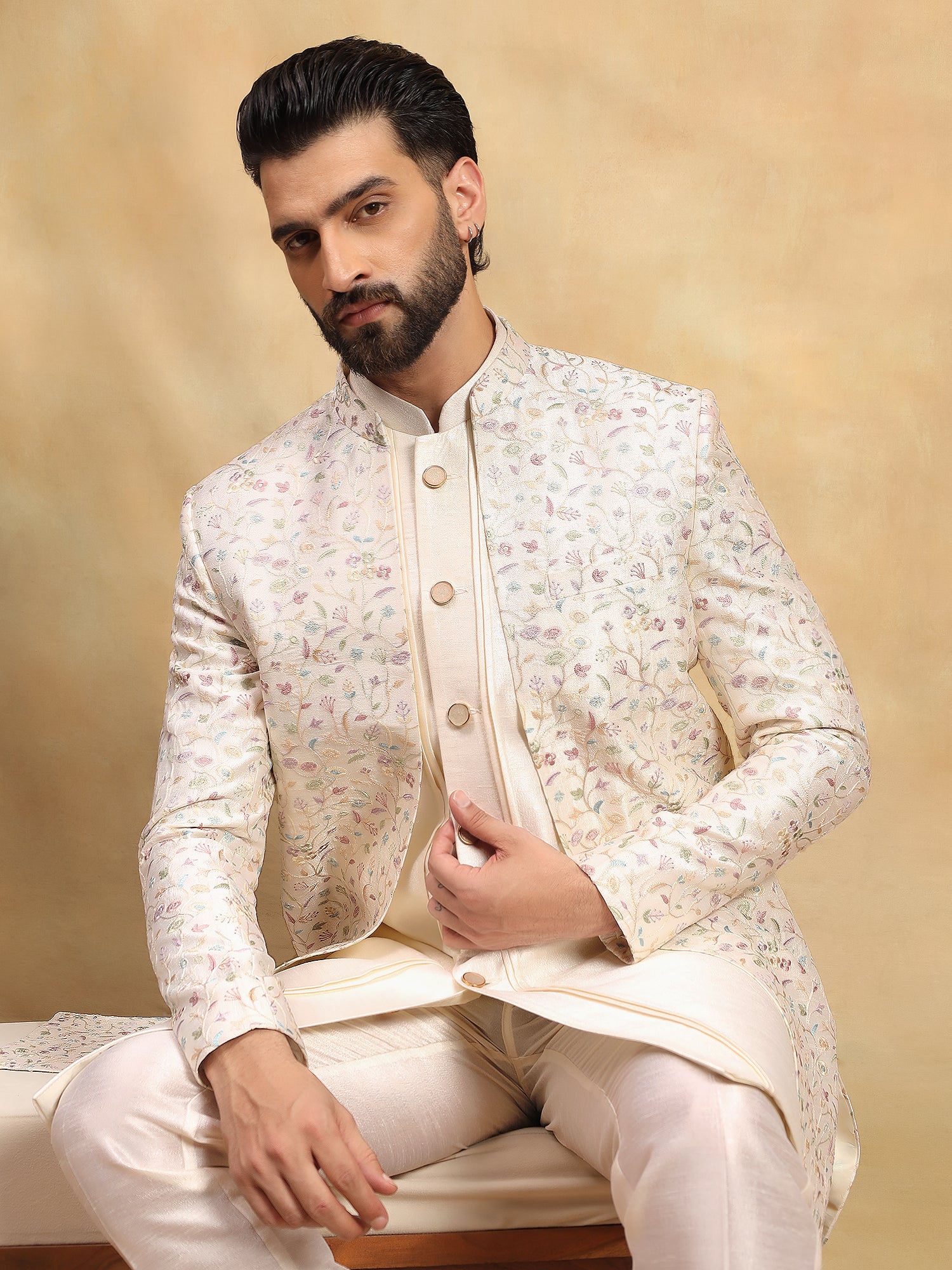 Cream Embroidered Indo Western Set