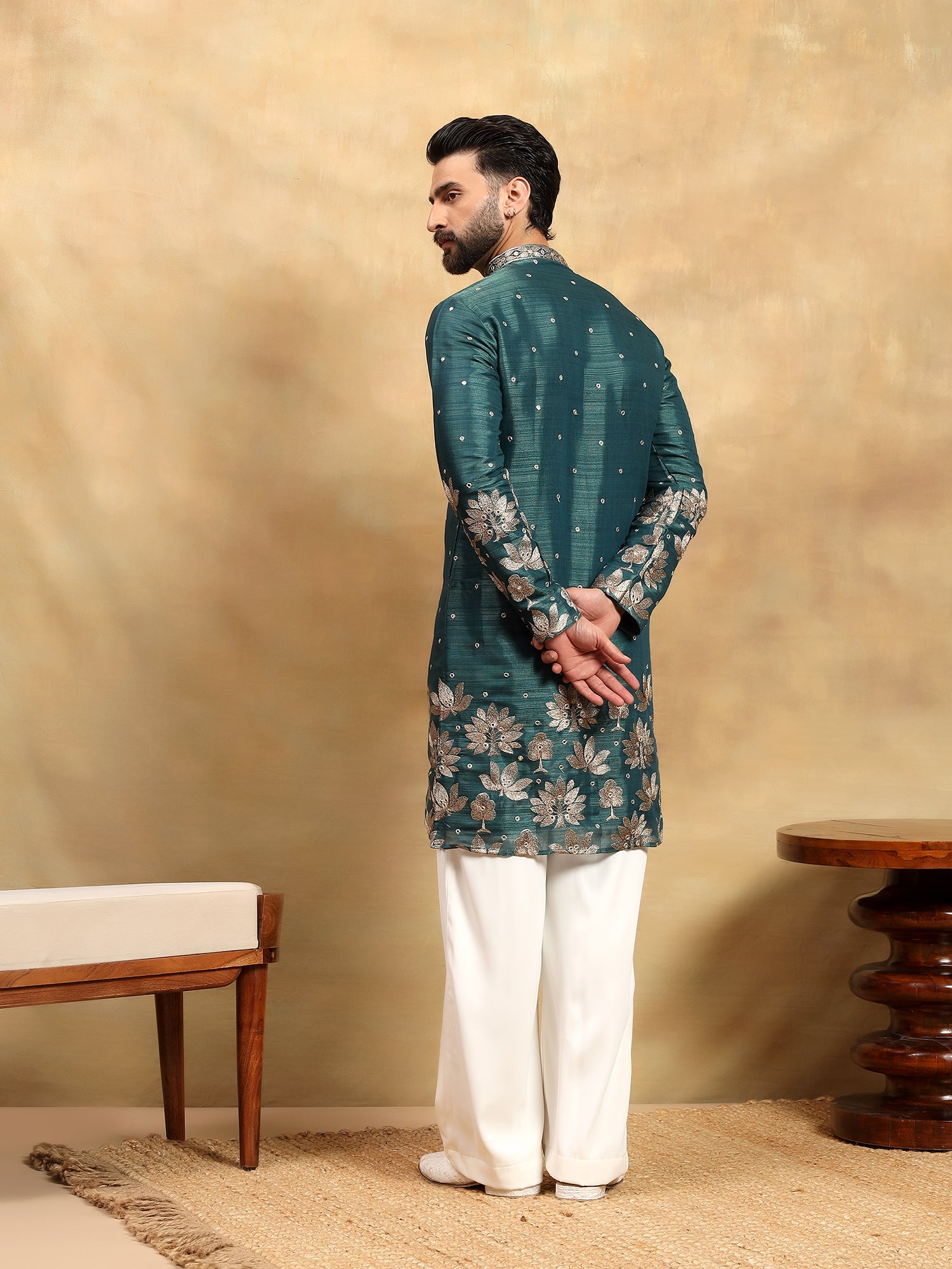 Rama Blue Tissue Silk Kurta With Parellel Pants
