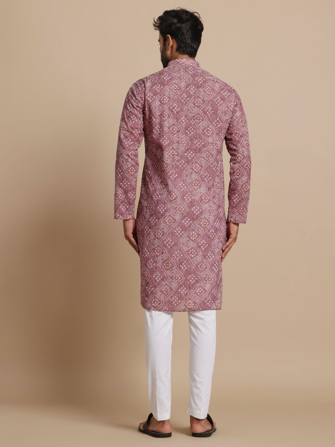 Men Rose Pink Bandni Print Kurta Trouser Set