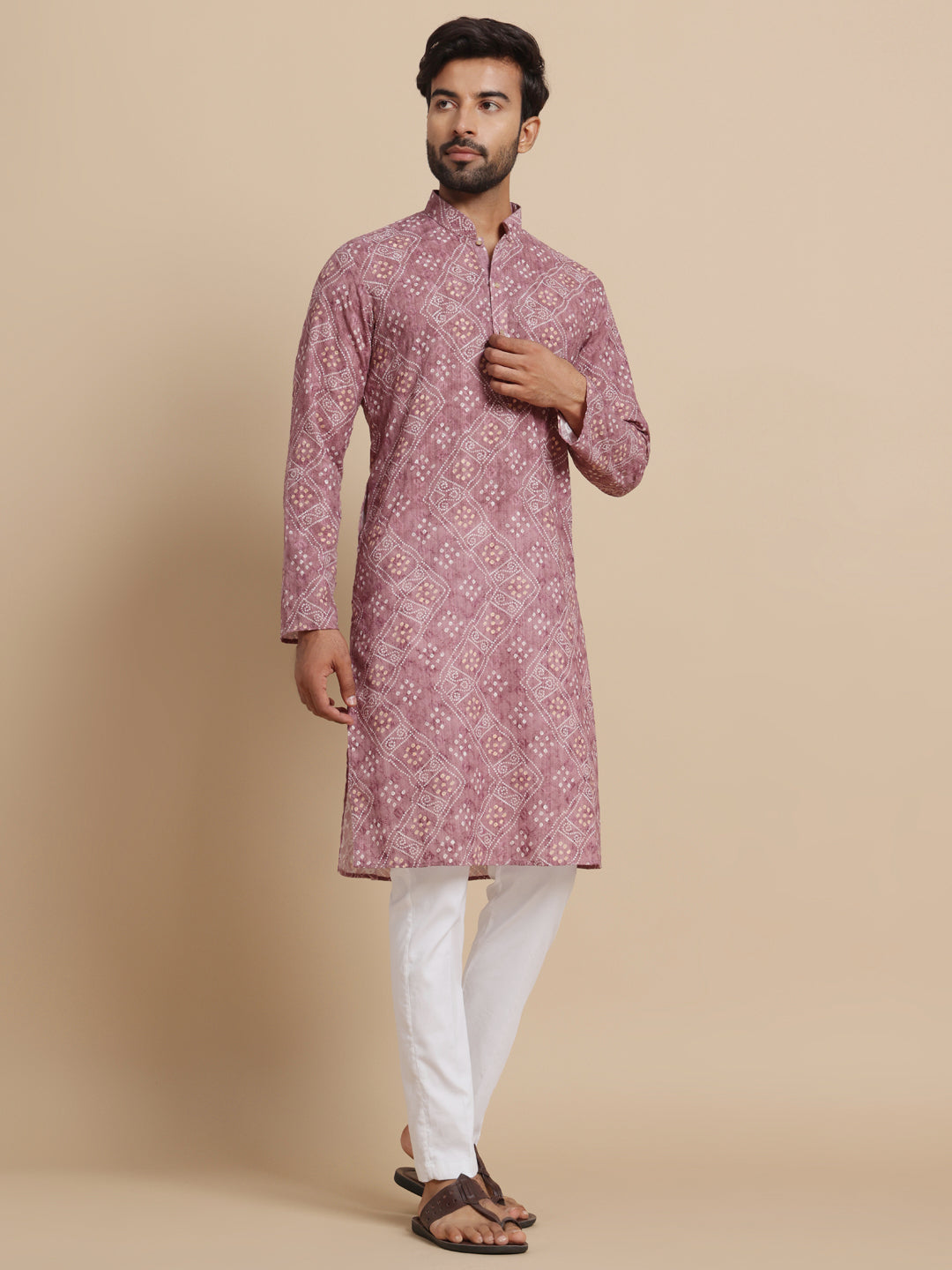 Men Rose Pink Bandni Print Kurta Trouser Set