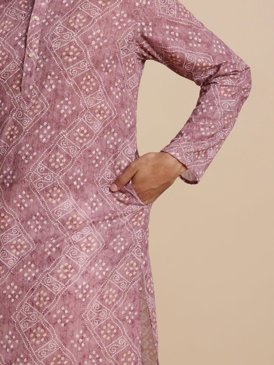 Men Rose Pink Bandni Print Kurta Trouser Set