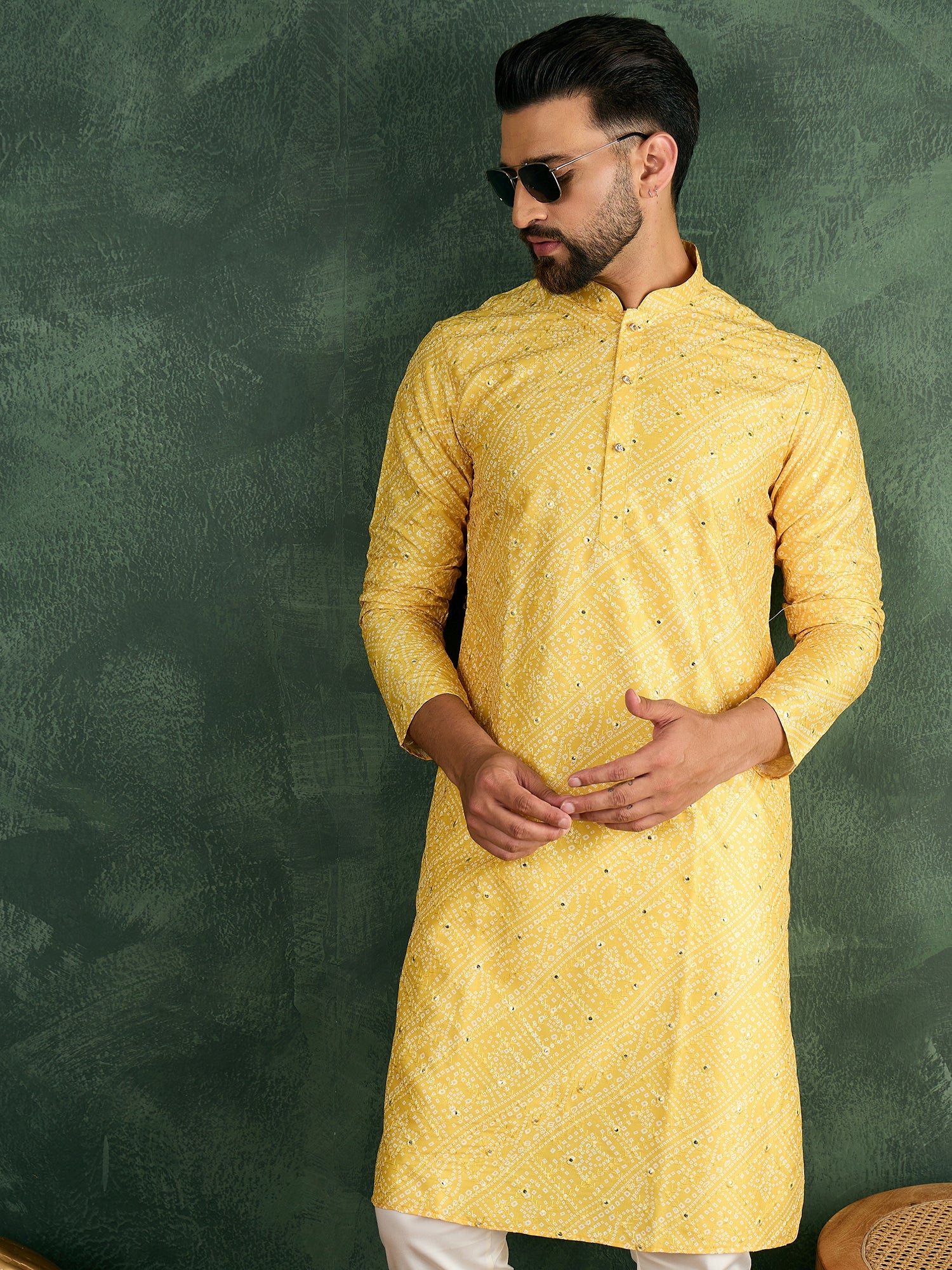 Men Yellow Bandni With Sequize Kurta Trouser Set