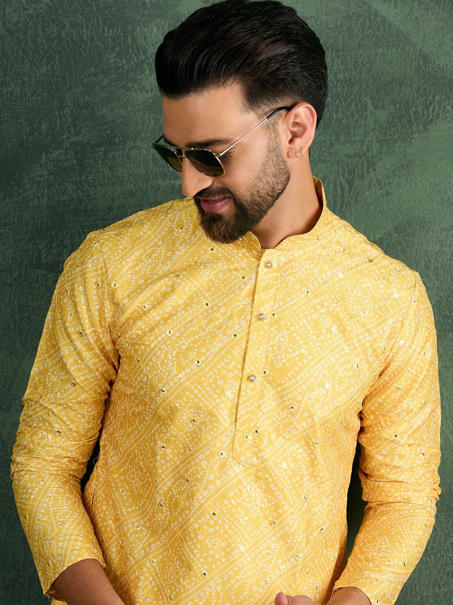 Men Yellow Bandni With Sequize Kurta Trouser Set