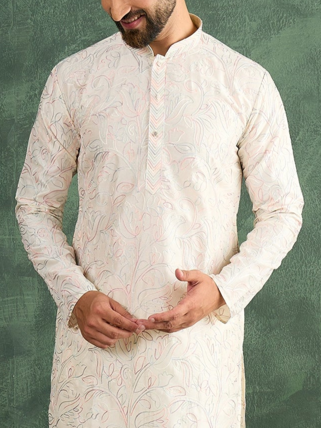Cream Thread Embroidered Carnival Look Kurta Trouser Set