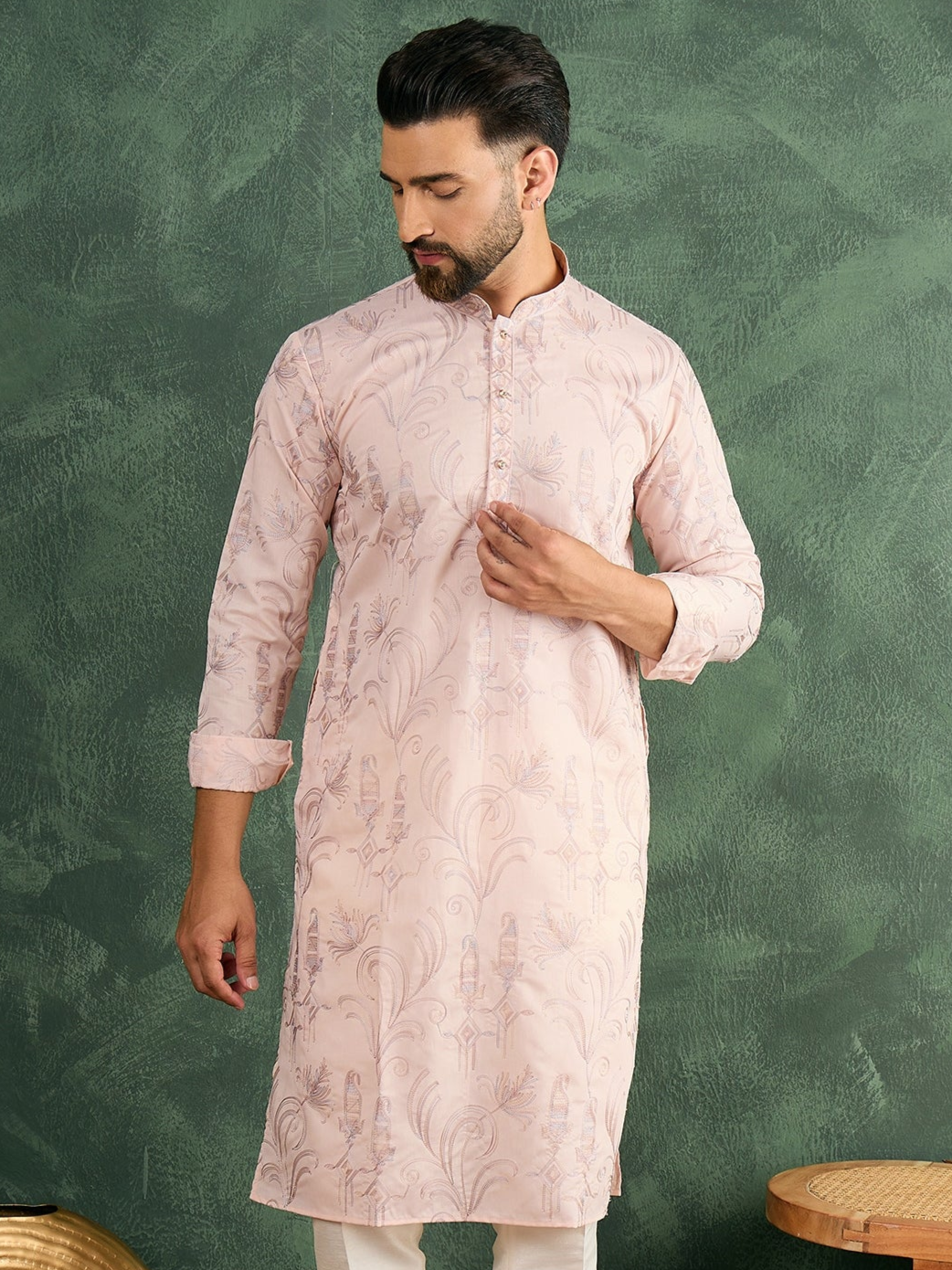 Men Pink Embroidered Carnival Look Kurta Trouser Set