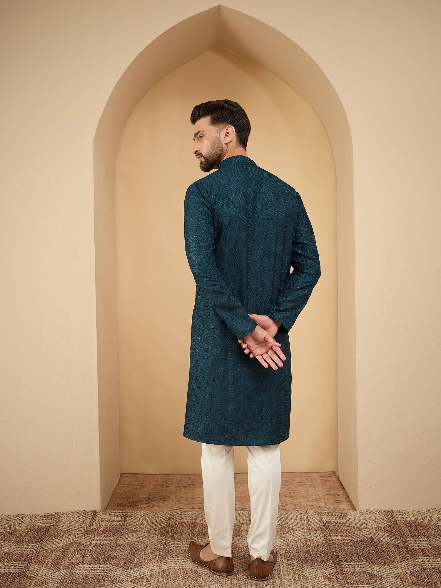 Magnet Men's Teal Green Embroidered Kurta Trouser Set