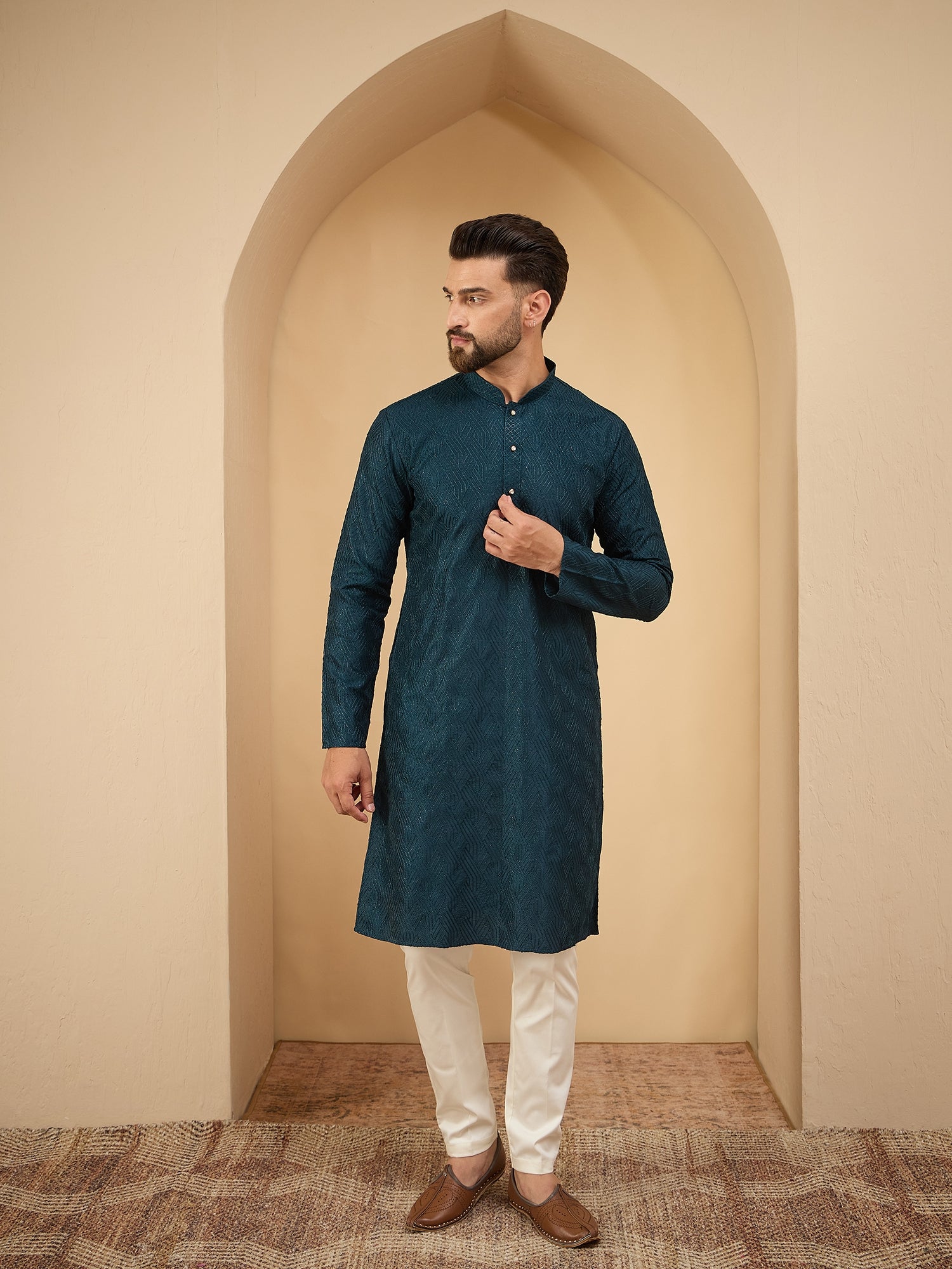 Magnet Men's Teal Green Embroidered Kurta Trouser Set