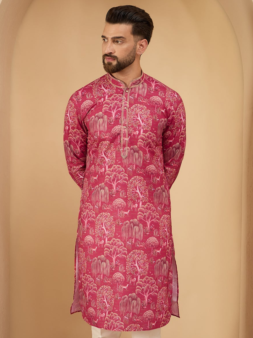 Men Pink Printed Pintex Kurta Only