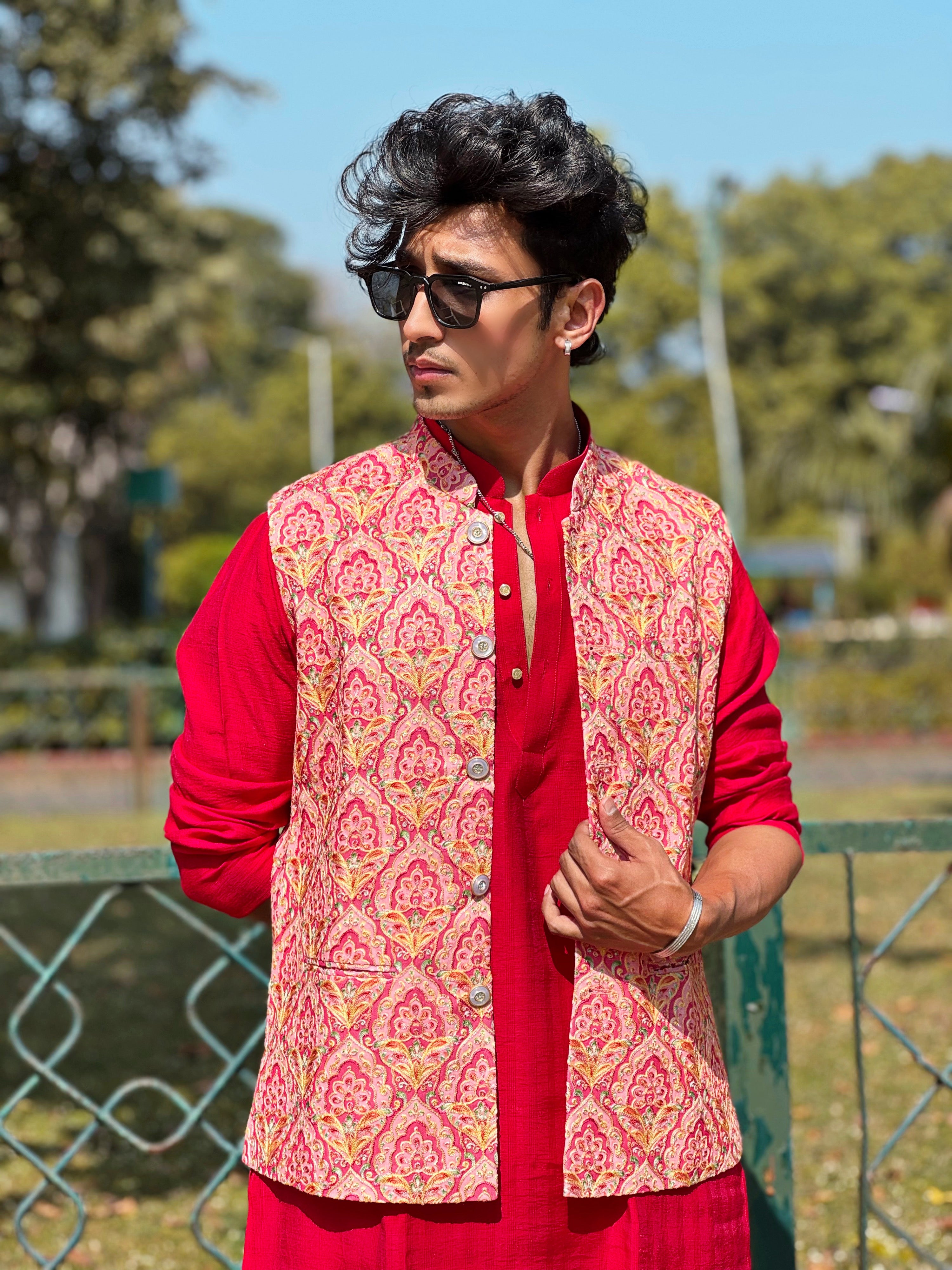 Magnet Men's Red Position Print Nehru Jacket Set