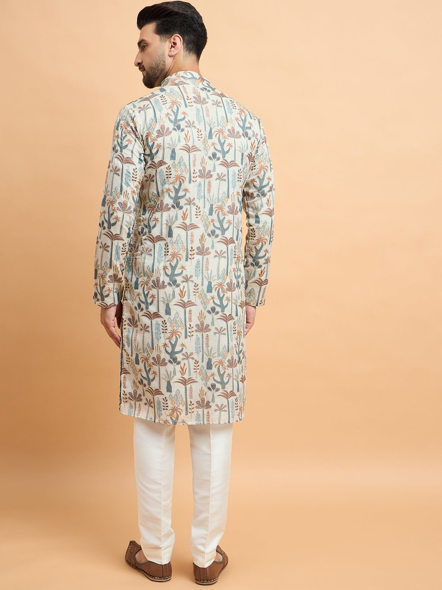 Beige Multi Print With Embroidery Kurta Trouser Set