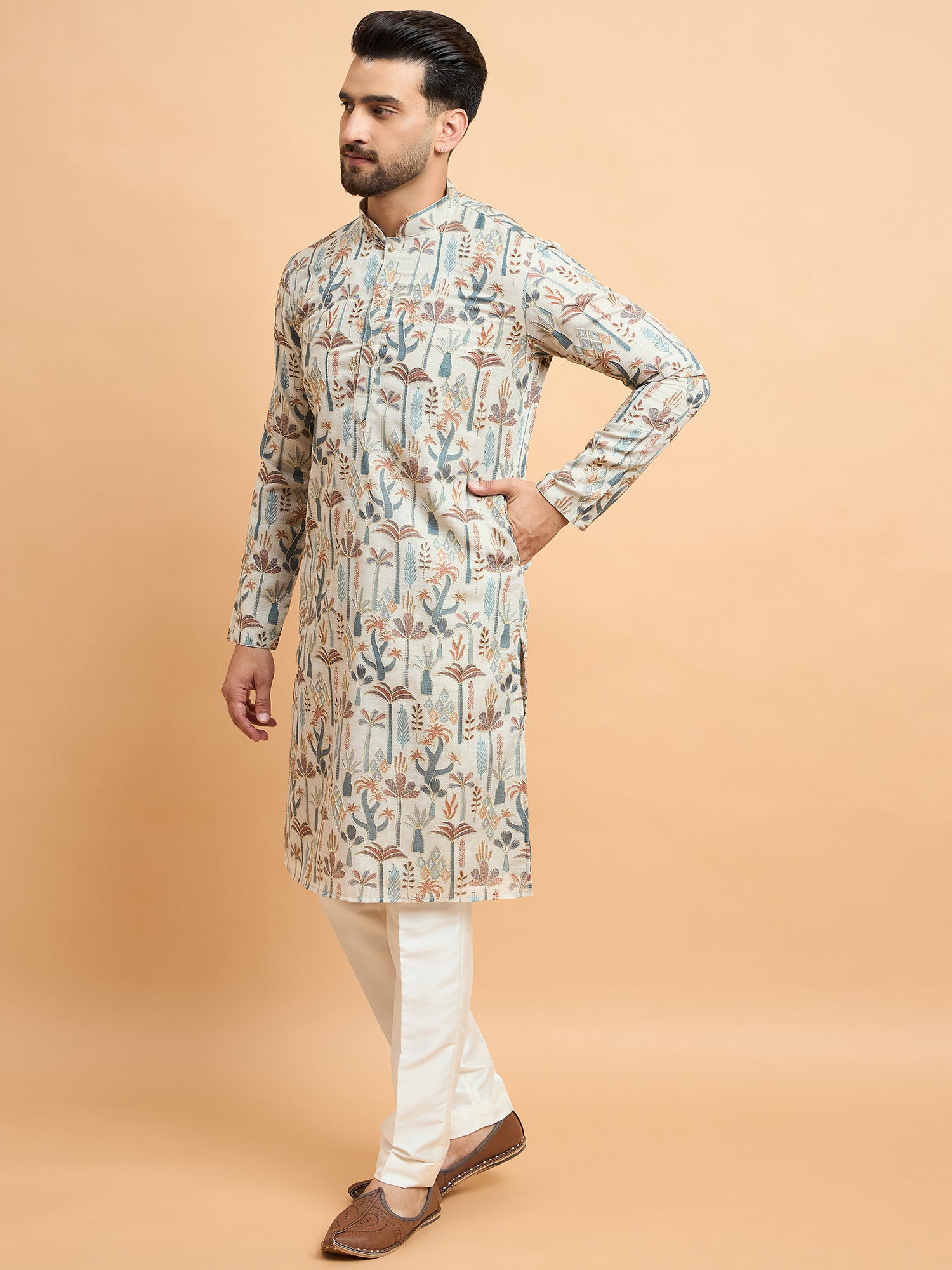 Beige Multi Print With Embroidery Kurta Trouser Set