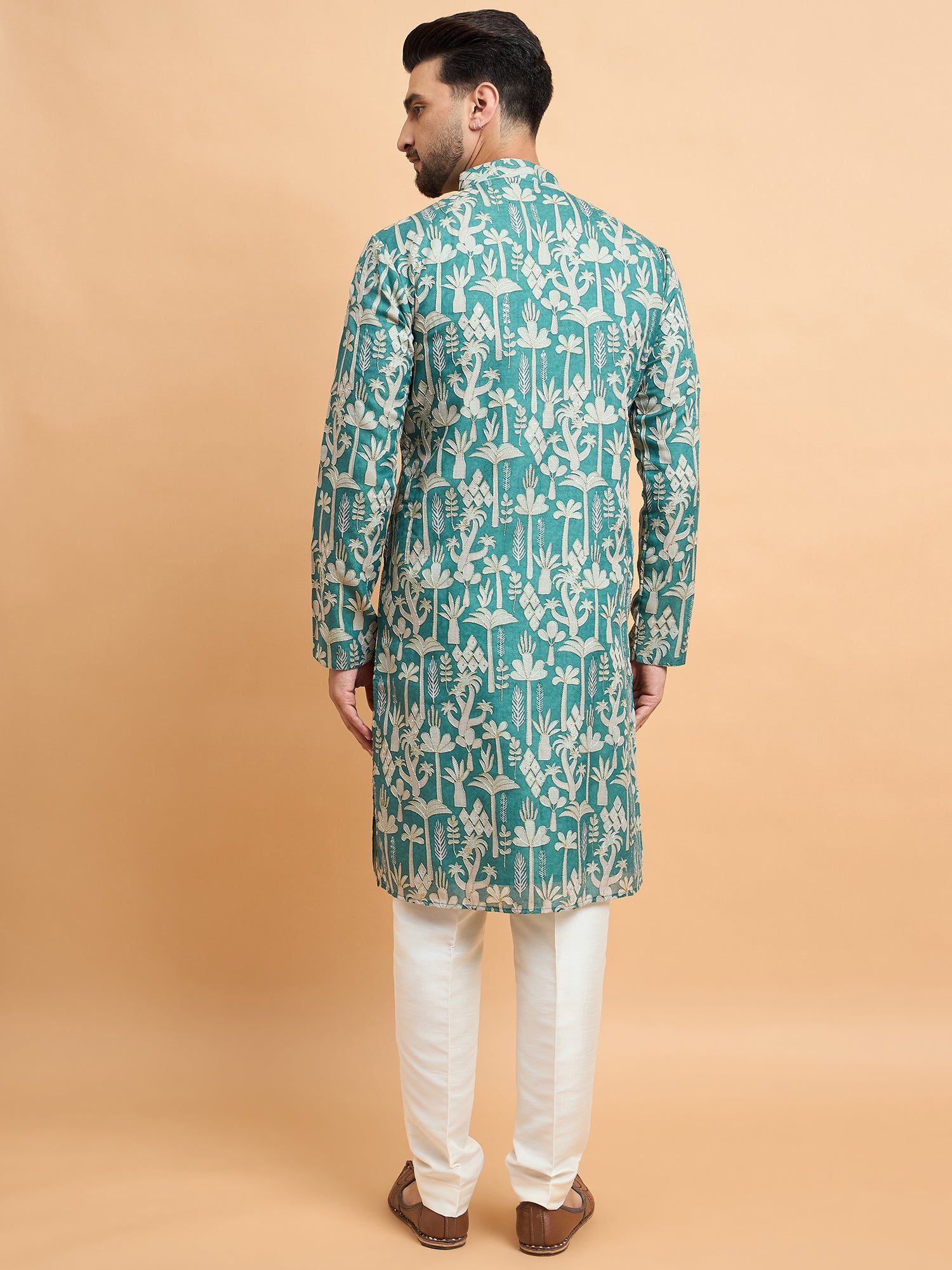 Green Silk Print With Embroidery Kurta Set