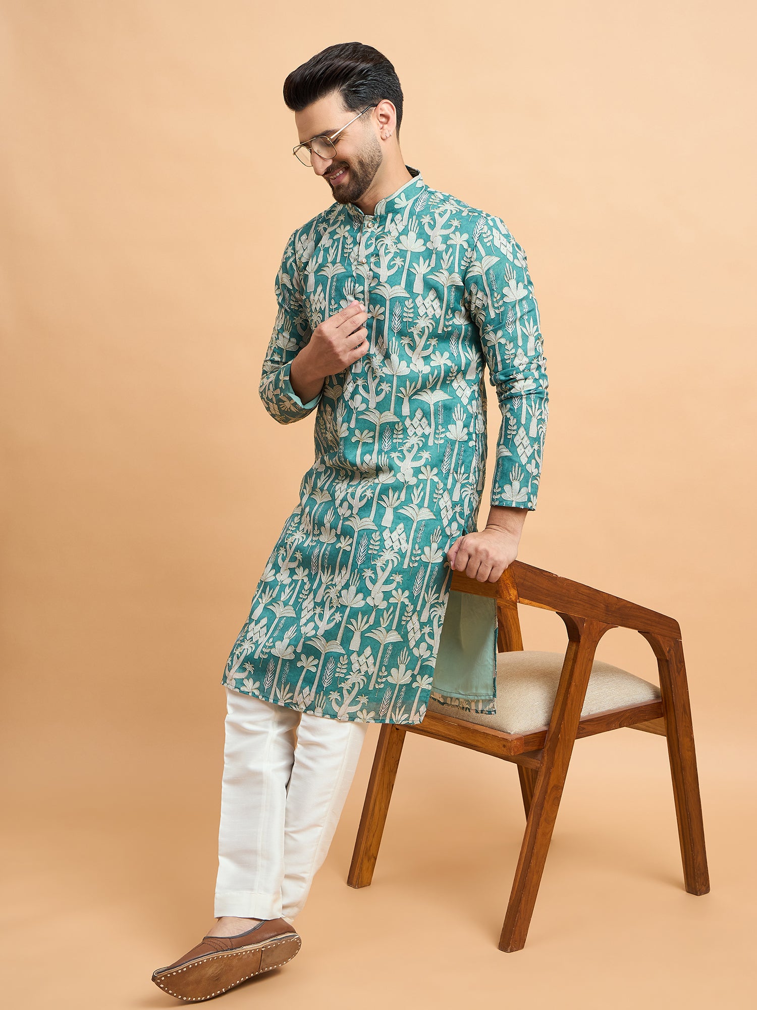 Green Silk Print With Embroidery Kurta Set