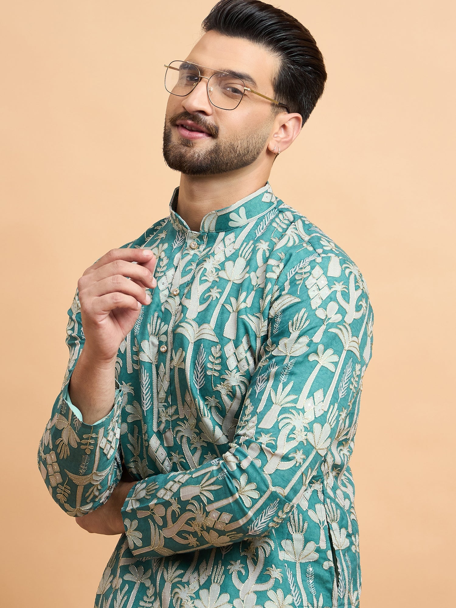 Green Silk Print With Embroidery Kurta Set