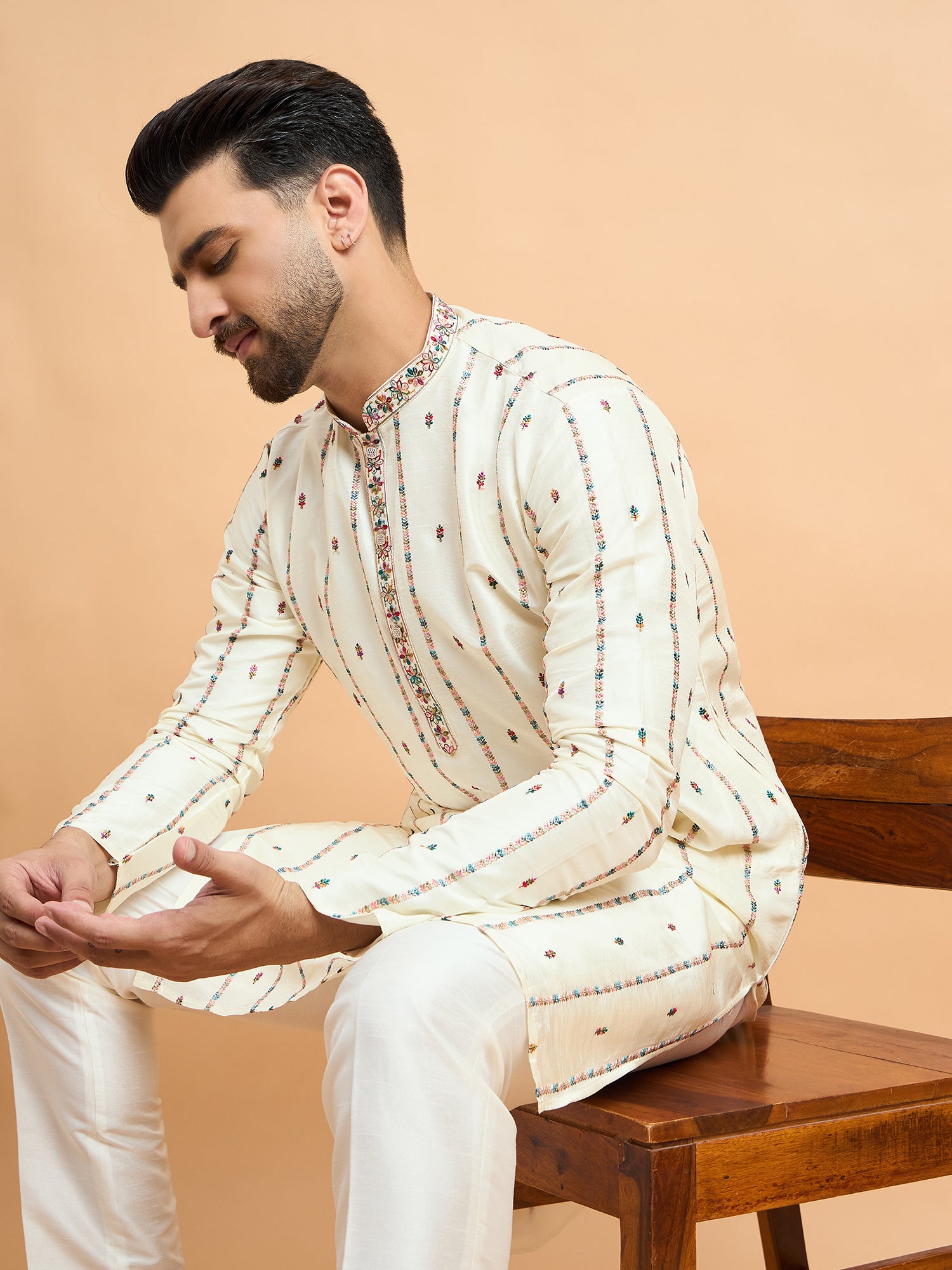Cream Embroidered Tusser Silk Kurta Set