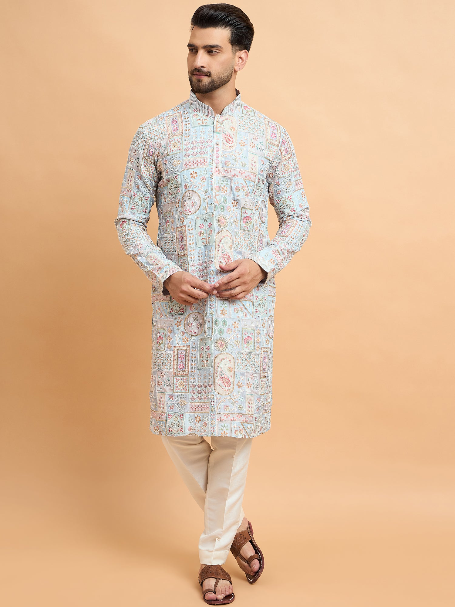 Sky Blue Silk Print With Embroidery Kurta Set