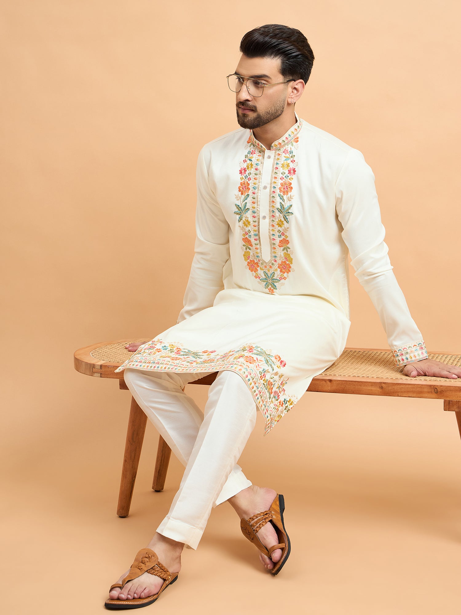 Cream Trending Kashmiri Work Kurta Set