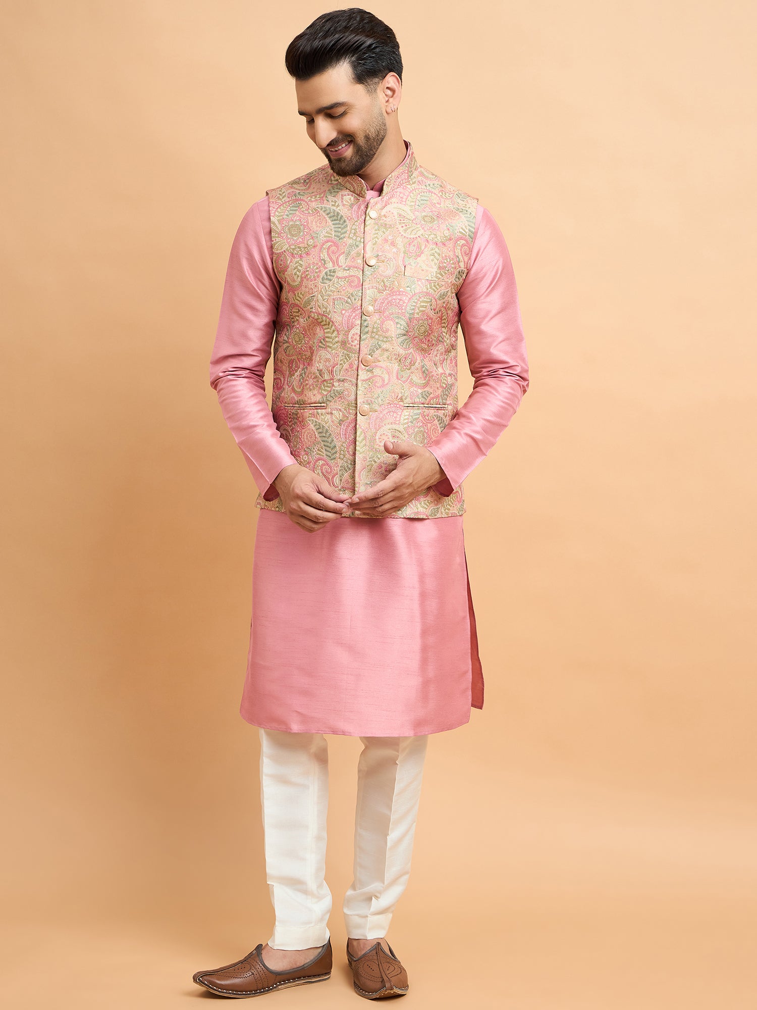 Rose Pink Kurta With Brocket Nehru Jacket Set